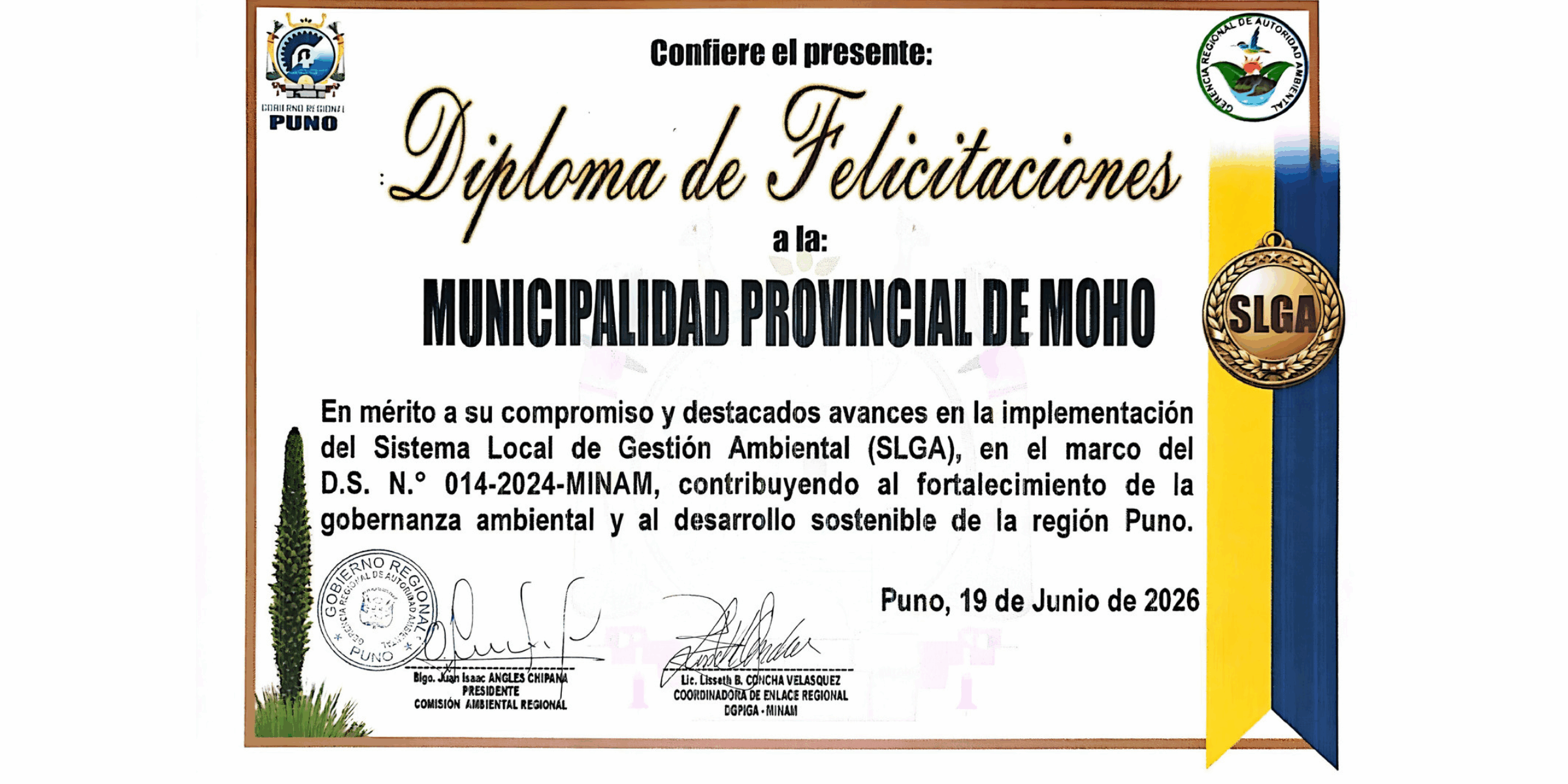 RECONOCIMIENTO A LA MUNICIPALIDAD PROVINCIAL DE MOHO