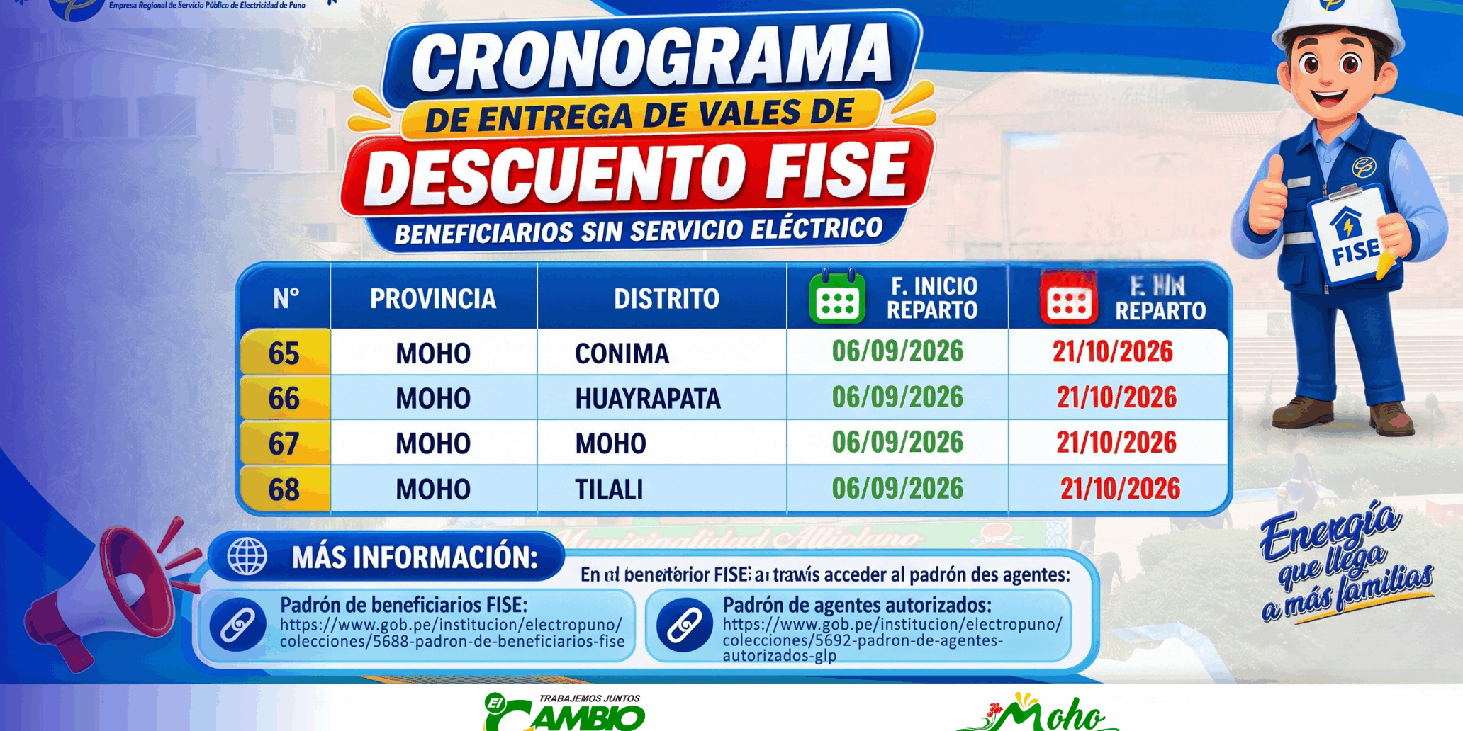 CRONOGRAMA DE ENTREGA DE VALES DE DESCUENTO FISE BENEFICIARIOS SIN SERVICIO ELÉCTRICO